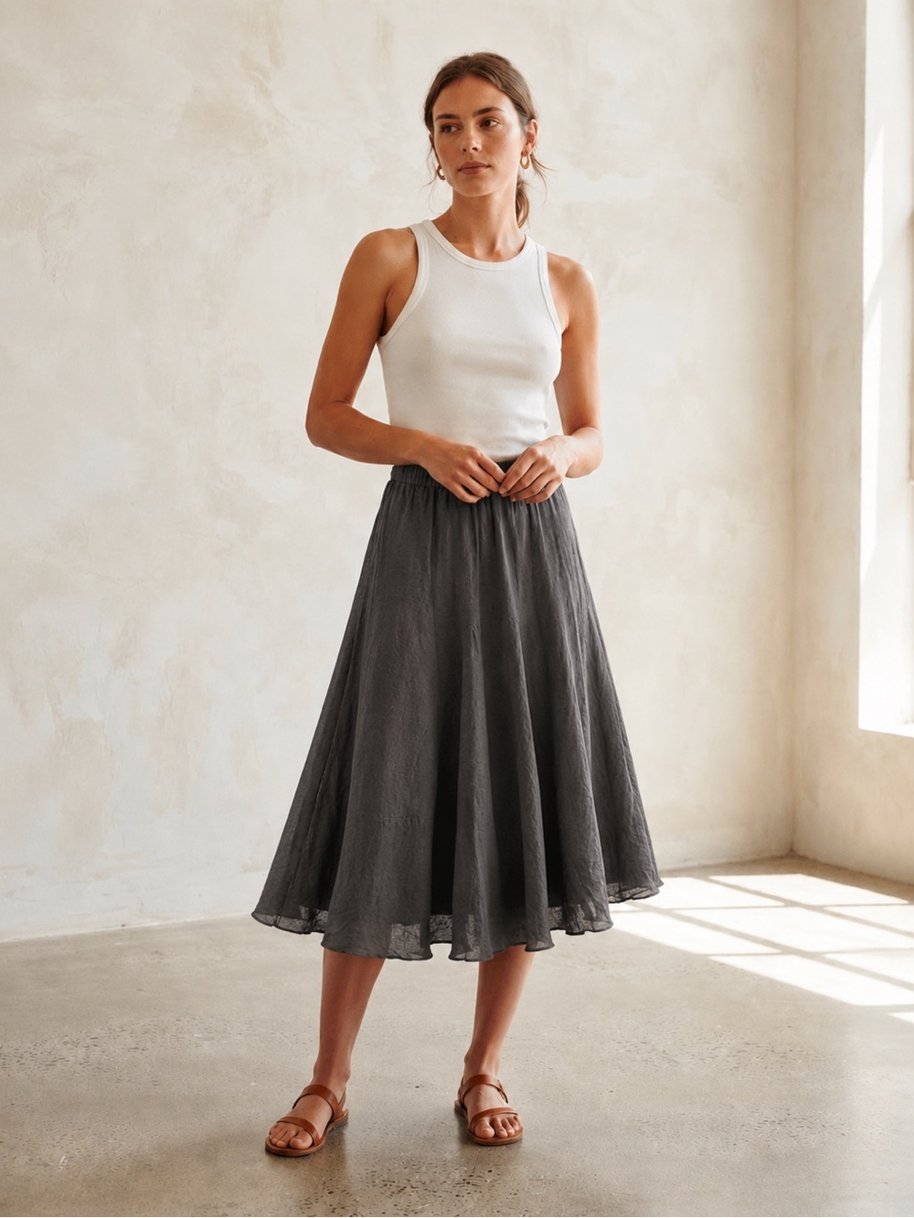 CP Shades Minimalist Lagenlook 100% Linen Grey Fanny Sz XS Midi Skirt